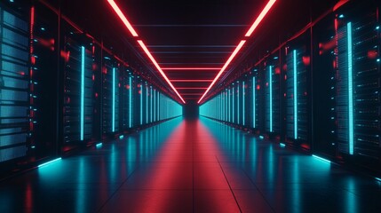 Futuristic data center with illuminated server racks and neon lights creating a vibrant atmosphere, ideal for technology and computing visuals.