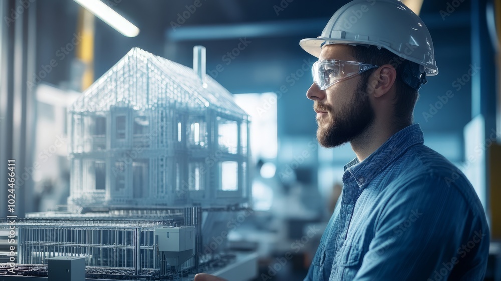 Poster a construction engineer observes a detailed architectural model while working in a modern workshop e