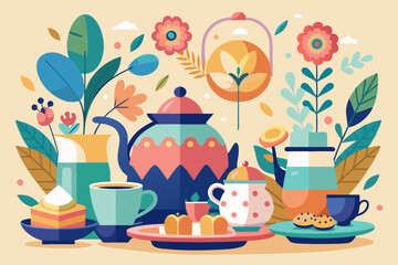 Elegant abstract minimalist tea party scene with floral accents and desserts