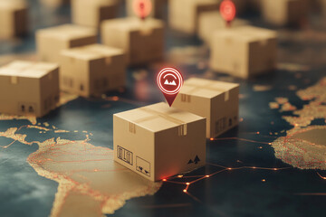 Global Logistics Network Concept: Cardboard Boxes and Navigation Symbol Representing Worldwide Shipping
