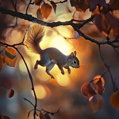 Obraz premium A squirrel darting through tree branches at sunset, mid-air leap, tail flicking with nimbleness, frozen in motion with vibrant autumn colors.