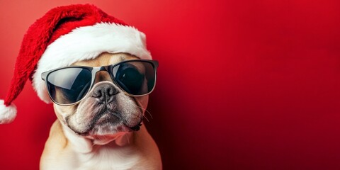 Merry Christmas concept holiday vacation winter animal pet greeting card - Cool santa claus french bulldog dog with sunglasses and santa hat, isolated on red background