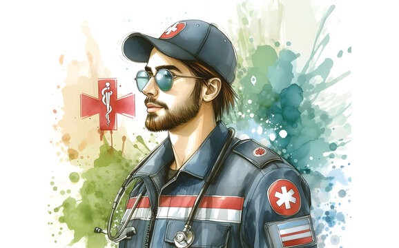 Watercolor illustration portrait of a medical paramedic worker.