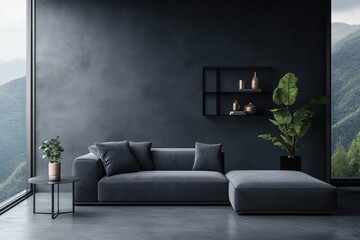 A minimalist, modern living room with dark gray walls and a matching gray sofa. A small potted