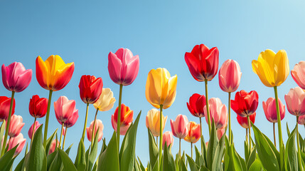 Colorful tulips in a sunny blue sky.
