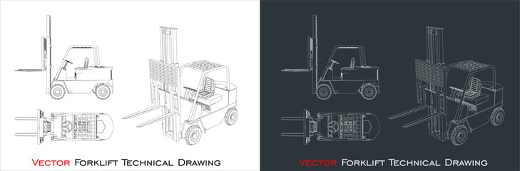 Vector forklift line blueprint wireframe technical drawing © WINDERFULL STUDIO