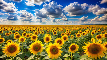 Fototapeta premium field of sunflowers. sunflower, field, flower, sky, yellow, nature, agriculture, summer, sun, blue, green, sunflowers, plant, farm, leaf, meadow, landscape, rural, growth, crop, natural, bright, beaut