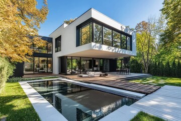 A modern, angular two-story home with a striking mix of white and black exterior finishes