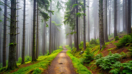 Obraz premium morning in the forest. forest, tree, nature, trees, pine, path, landscape, green, wood, woods, road, park, autumn, summer, spring, foliage, sun, light, sunlight, season, way, grass, outdoor, trail, en