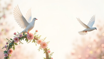 Obraz premium Graceful White Doves Flying over Blooming Floral Arch Symbolizing Peace and Love