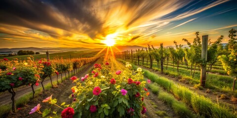 In a breathtaking long exposure, vineyard flowers glow under sunset hues, beautifully illustrating nature’s elegance and tranquility, evoking a serene connection with the landscape.