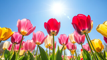Colorful tulips under bright sky