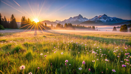 sunset in the mountains. sky, landscape, field, grass, sunset, nature, meadow, summer, sun, sunrise, green, cloud, spring, rural, clouds, sunlight, beautiful, countryside, agriculture, mountain, tree,