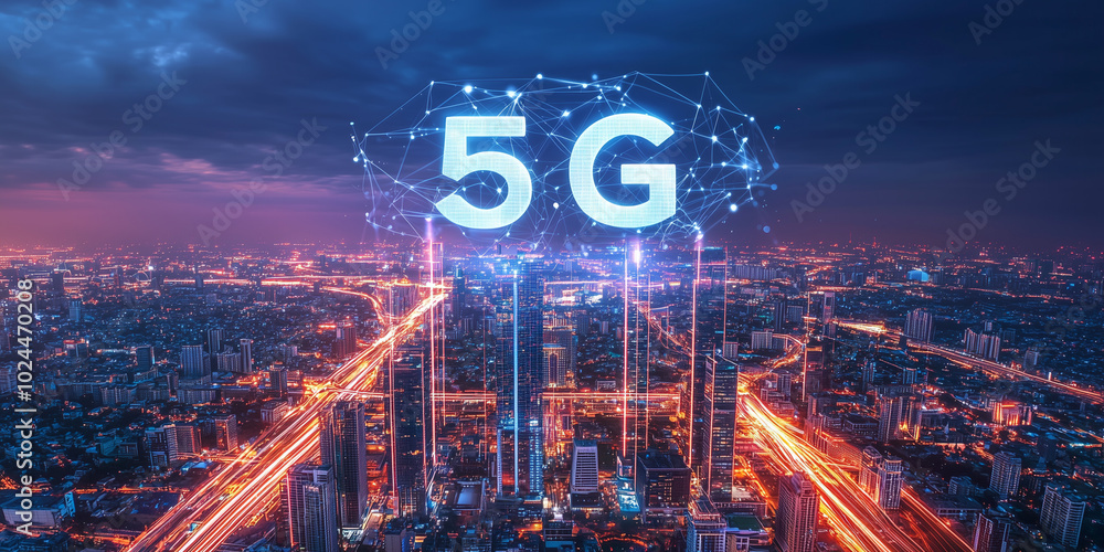 Poster a futuristic city lit up at night showcasing the power of 5g networks and modern infrastructure. the