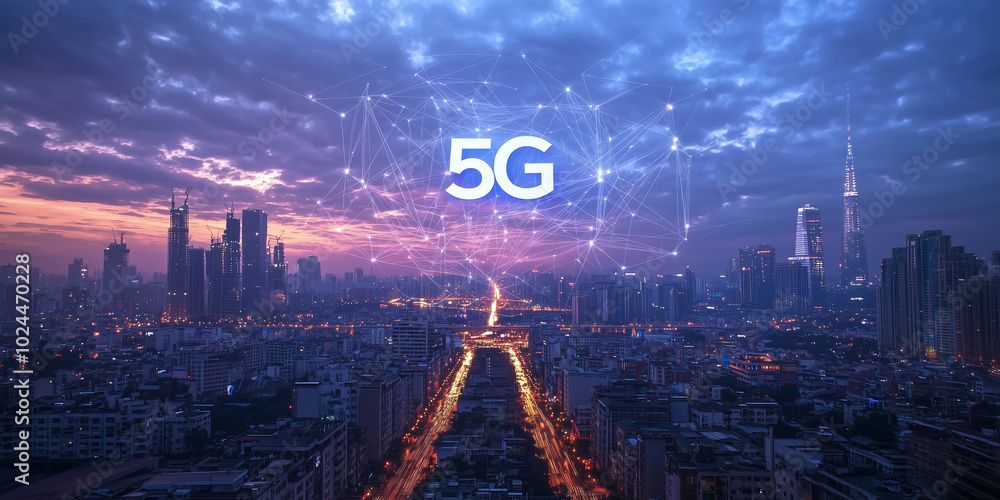 Poster a vast city landscape at dusk connected through 5g technology. the skyline is illuminated as digital