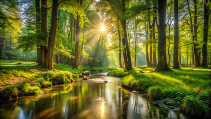 Fototapeta premium morning in the forest. river, water, nature, landscape, forest, lake, tree, trees, autumn, green, park, reflection, summer, pond, stream, sky, sunlight, canal, wood, bridge, season, spring, fall, blue