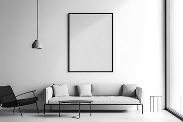 Minimalist Living Room with White Sofa, Black Frame and Minimalist Furniture.