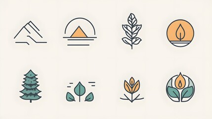 Collection of Eight Minimalist Line Art Icons Depicting Nature