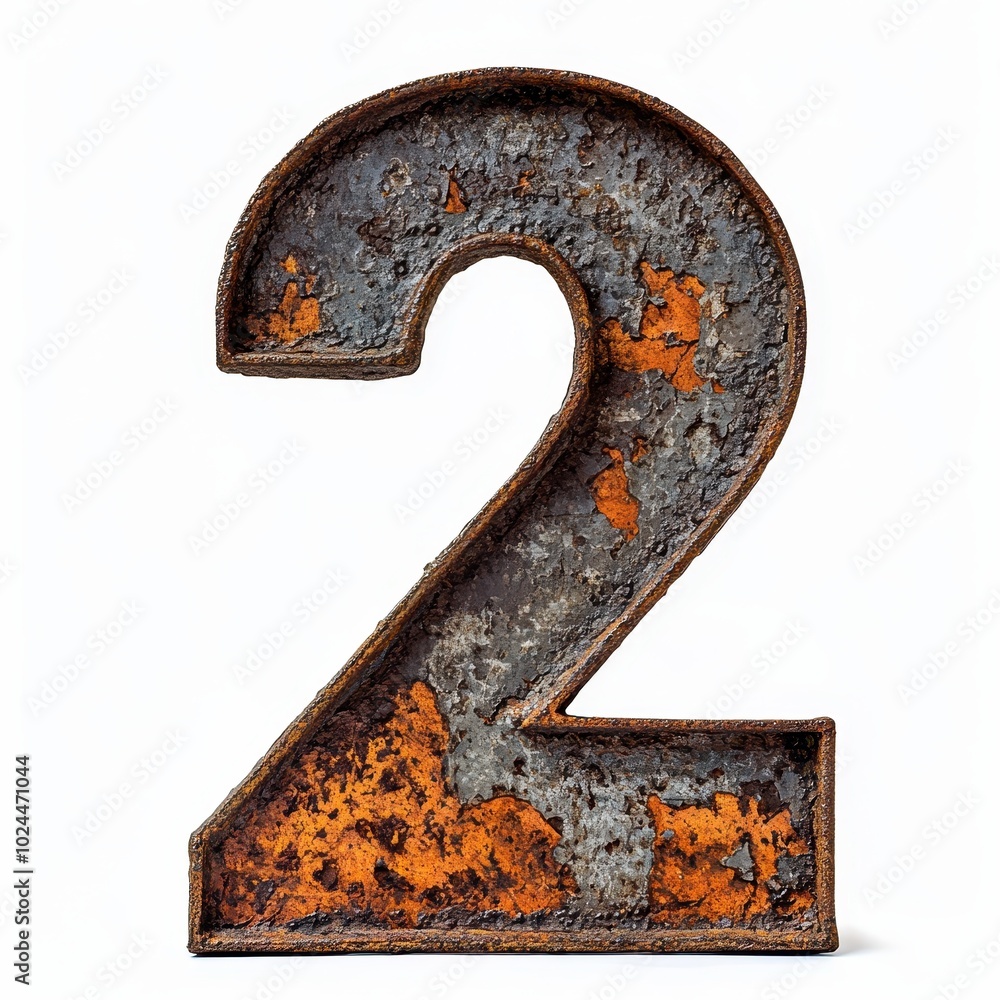 Poster a weathered metallic numeral two with rust and texture, used for signage or decoration.
