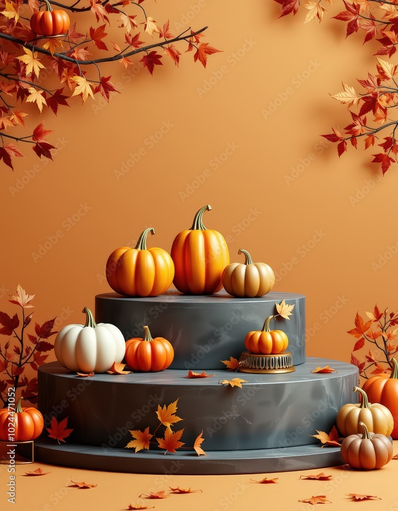 Poster pumpkins and autumn leaves on a wooden table