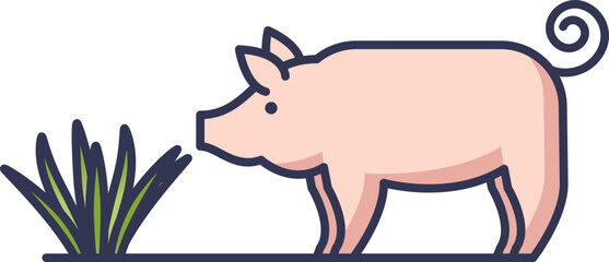 Illustration of a pig standing near grass, symbolizing farm life and nature.