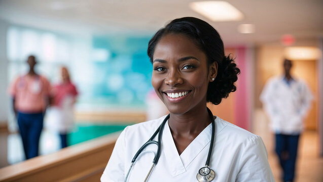 Giovane medico o infermiera donna di origini afro americane sorride in ospedale