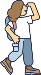 Cartoon person with backpack and boots walking forward, symbolizing adventure and exploration.