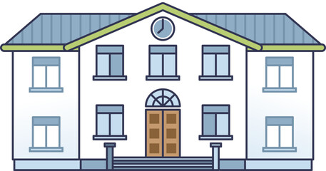 Illustration of a classic school building with windows, doors, and a clock, symbolizing education. © VectorMine