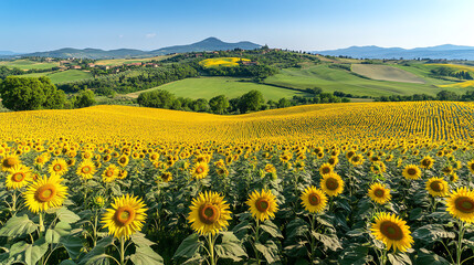 Fototapeta premium Sunflower field under bright blue sky