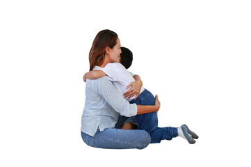 Asian mother embracing son isolated on white studio background. Full body photo with clipping path.