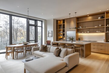 Fototapeta premium A modern, open-concept living and dining space with warm wooden flooring and cabinetry