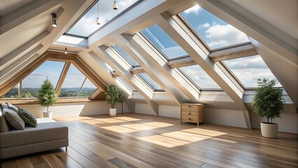 Fototapeta premium Macro attic conversion with skylights that retract to reveal a rooftop terrace