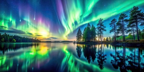 Fototapeta premium Macro Aurora Lights landscape with trees and water