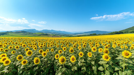 Vibrant sunflower field under blue sky