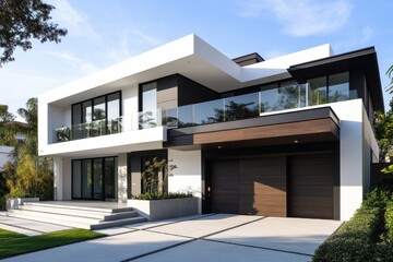 A modern two-story house with a flat roof, clean lines, and white exterior walls. The house includes