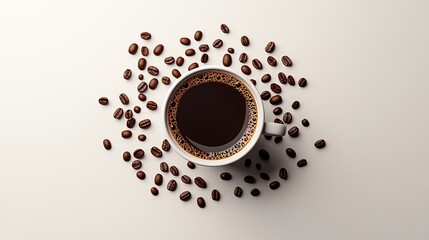 Obraz premium A top-view image of a coffee cup surrounded by scattered coffee beans on a light surface, perfect for coffee lovers and enthusiasts.