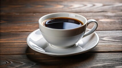 Macro black coffee in white cup with saucer on table