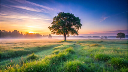 Fototapeta premium sunset in the field. tree, sky, landscape, field, nature, sunset, grass, sun, meadow, sunrise, cloud, green, summer, blue, horizon, fog, morning, autumn, beautiful, spring, sunlight, rural, outdoor, d