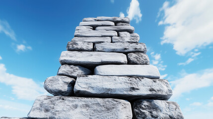 close up view of stone structure reaching towards bright blue sky, showcasing texture and arrangement of stones. scene evokes sense of stability and permanence