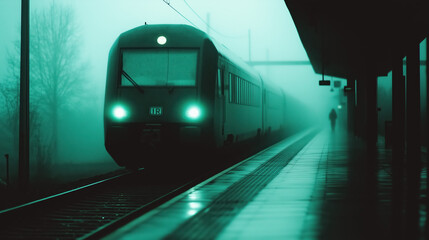 Naklejka premium train approaches misty platform, illuminated by eerie green lights, creating mysterious atmosphere. fog envelops scene, enhancing sense of solitude and anticipation