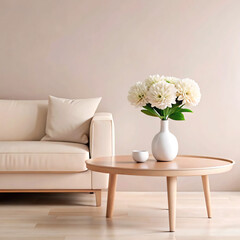 white flowers in a vase. room, interior, sofa, furniture, living, couch, home, wall, chair, design, table, lamp, house, armchair, contemporary, floor, luxury, decoration, apartment, comfortable, 3d, l