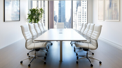 modern conference room featuring long white table and ergonomic chairs, surrounded by large windows showcasing city skyline. space is bright and inviting, perfect for meetings