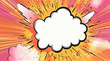 A vibrant comic-style explosion graphic with a blank cloud for text.