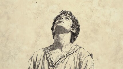 Fototapeta premium A pensive young man stands solemnly in a quiet field his gaze uplifted towards the heavens above with a look of awe and uncertainty