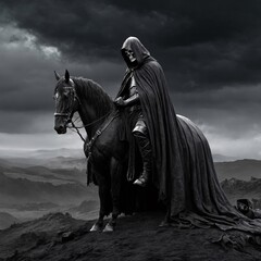 El jinete espectral en un paisaje desolado y sombrío
