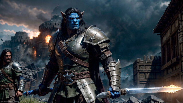 Guerrero elfo oscuro en una &eacute;pica batalla medieval
