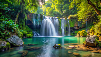 Obraz premium waterfall in the forest. waterfall, water, nature, river, falls, stream, landscape, cascade, forest, rock, fall, stone, flowing, park, green, rocks, flow, natural, wet, waterfalls, spring, creek, moun