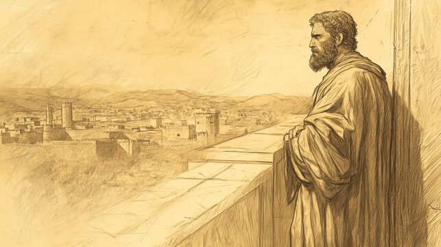 of Zedekiah the King of Judah standing alone on a palace balcony and looking out over the besieged city of Jerusalem
