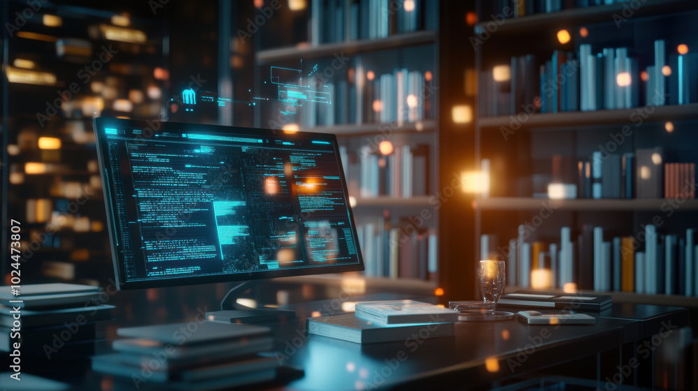 Poster modern library scene featuring computer displaying code, surrounded by floating bookshelves filled w