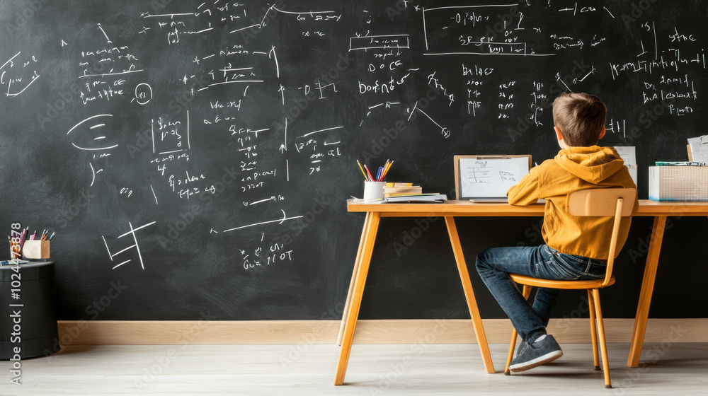 Poster child studying at desk in front of chalkboard filled with mathematical equations and notes, showcasi